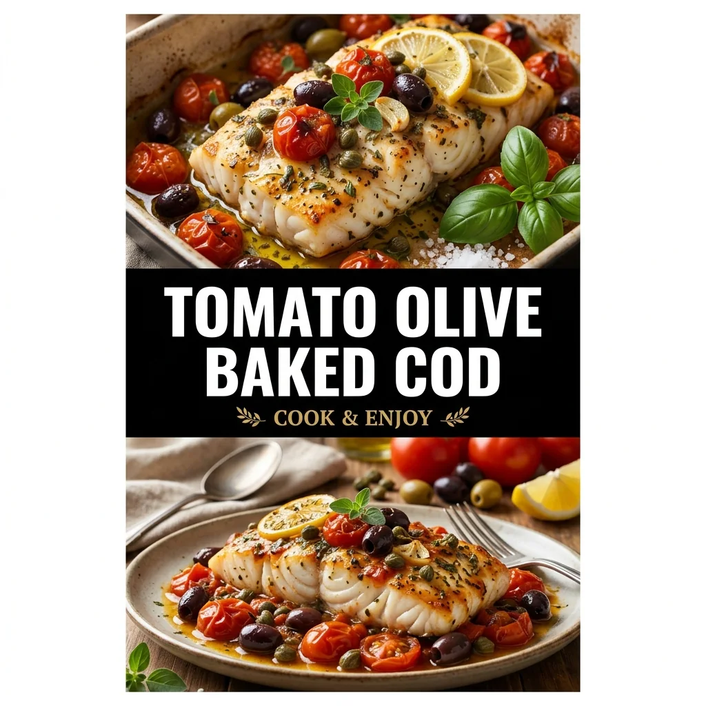 Tomato Olive Baked Cod recipe poster